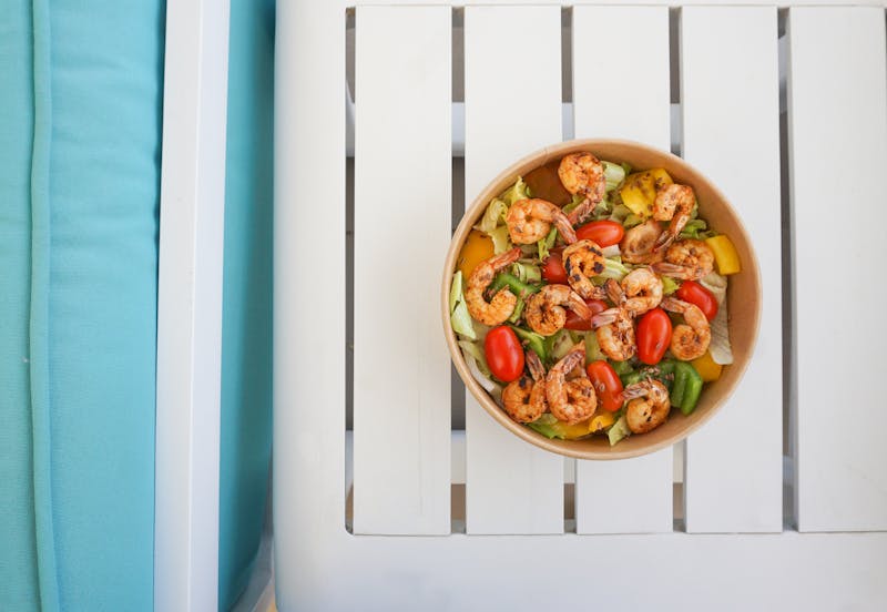 Tropical mango salad with grilled shrimp